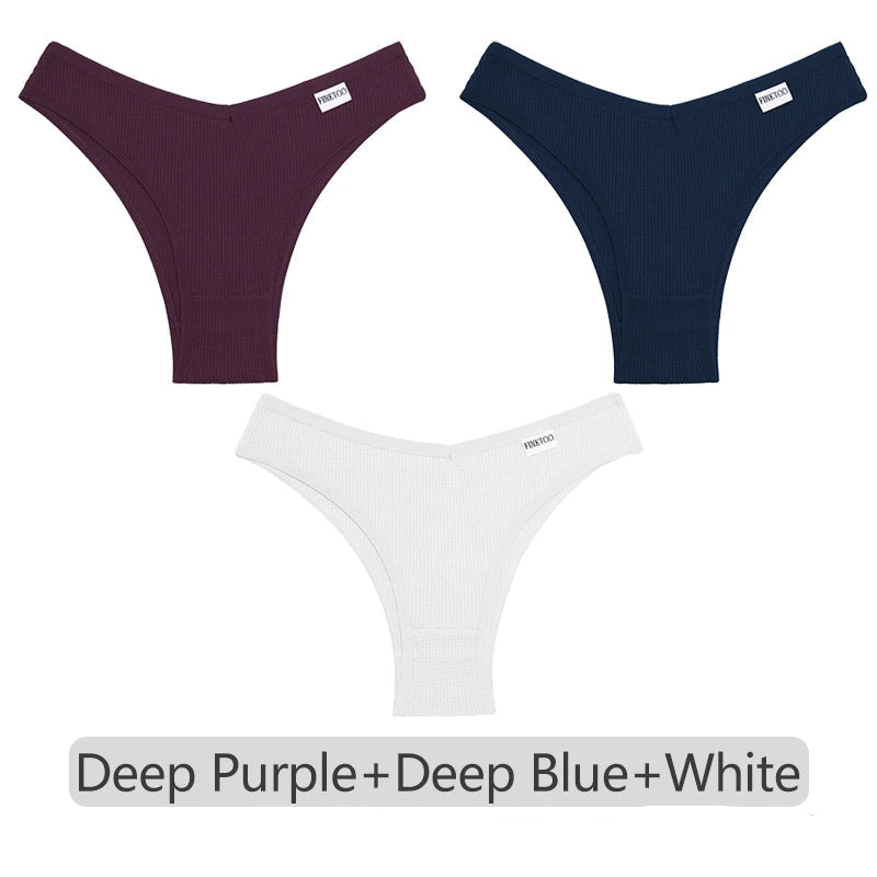 Three pairs of men's underwear in deep purple, deep blue, and white on a light gray background.