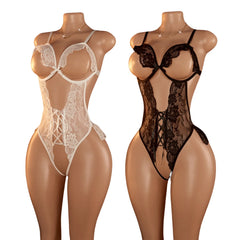 Women Floral Lace Hollow Teddy Bodysuit Lingerie