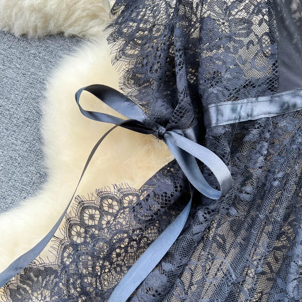 Lace Mesh V-Neck Split Dress – Elegant Sleepwear