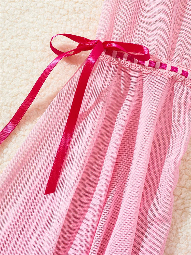 Pink Lingerie Set With Crop Top & Mini Skirt And G-string