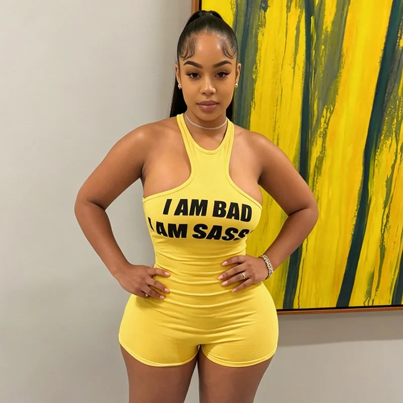 Halter Neck Letter Print Short Romper Women