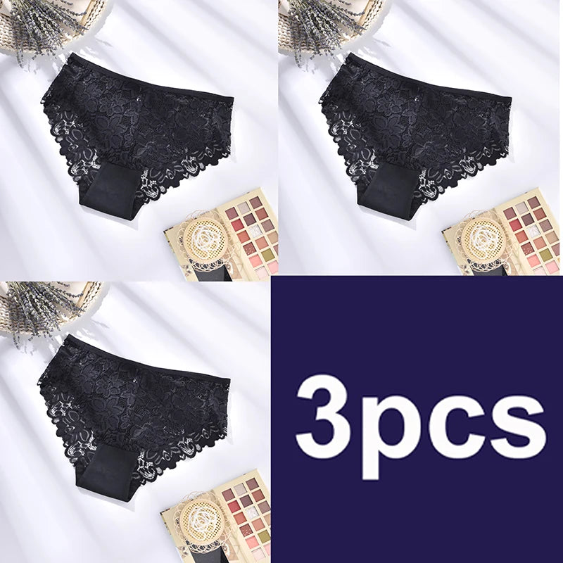 Black lace underwear set with three pairs displayed on a white background, accompanied by makeup palettes.