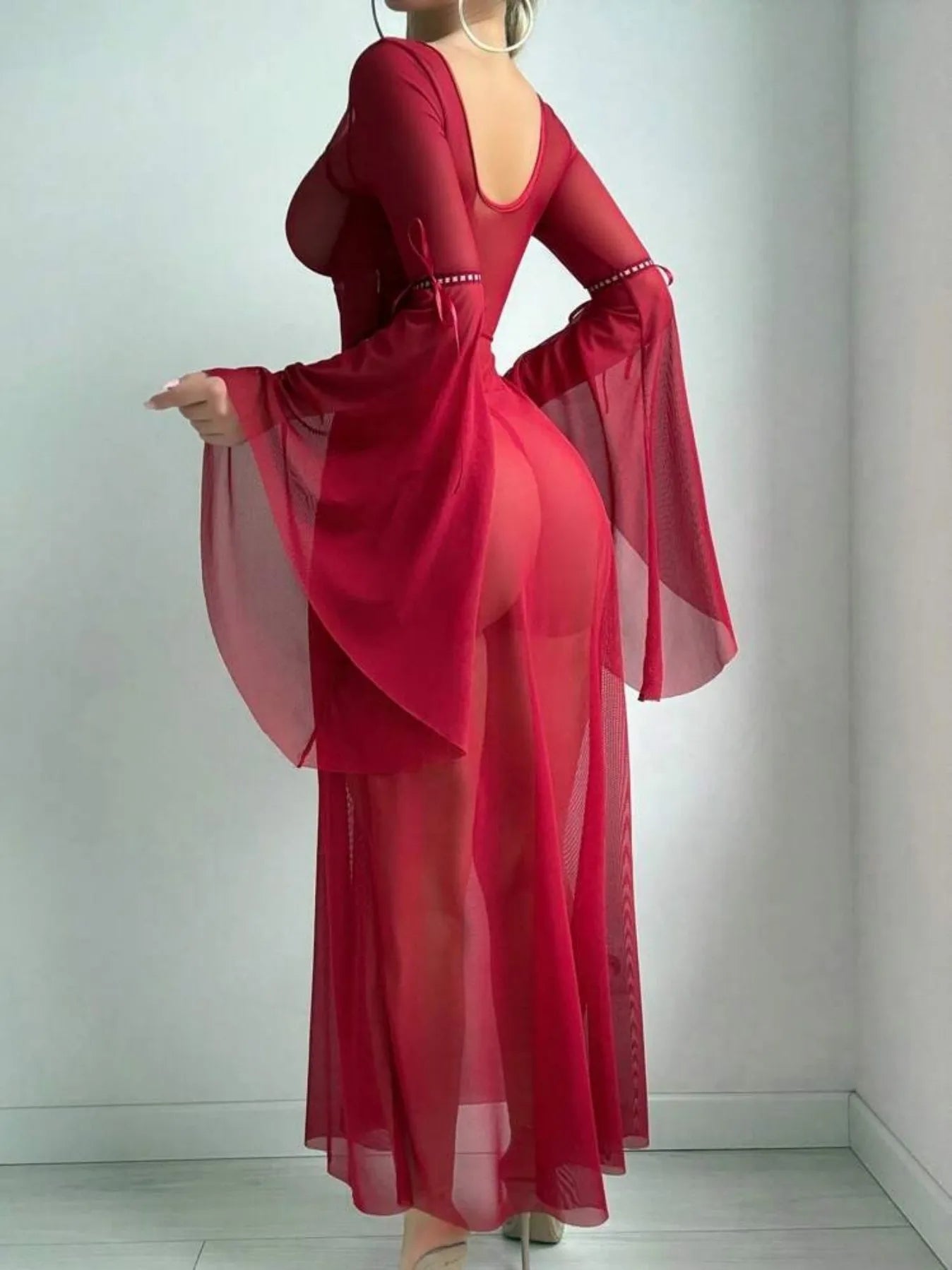 Sheer Corset Lingerie Dress – Flare Sleeve Fantasy Nightwear