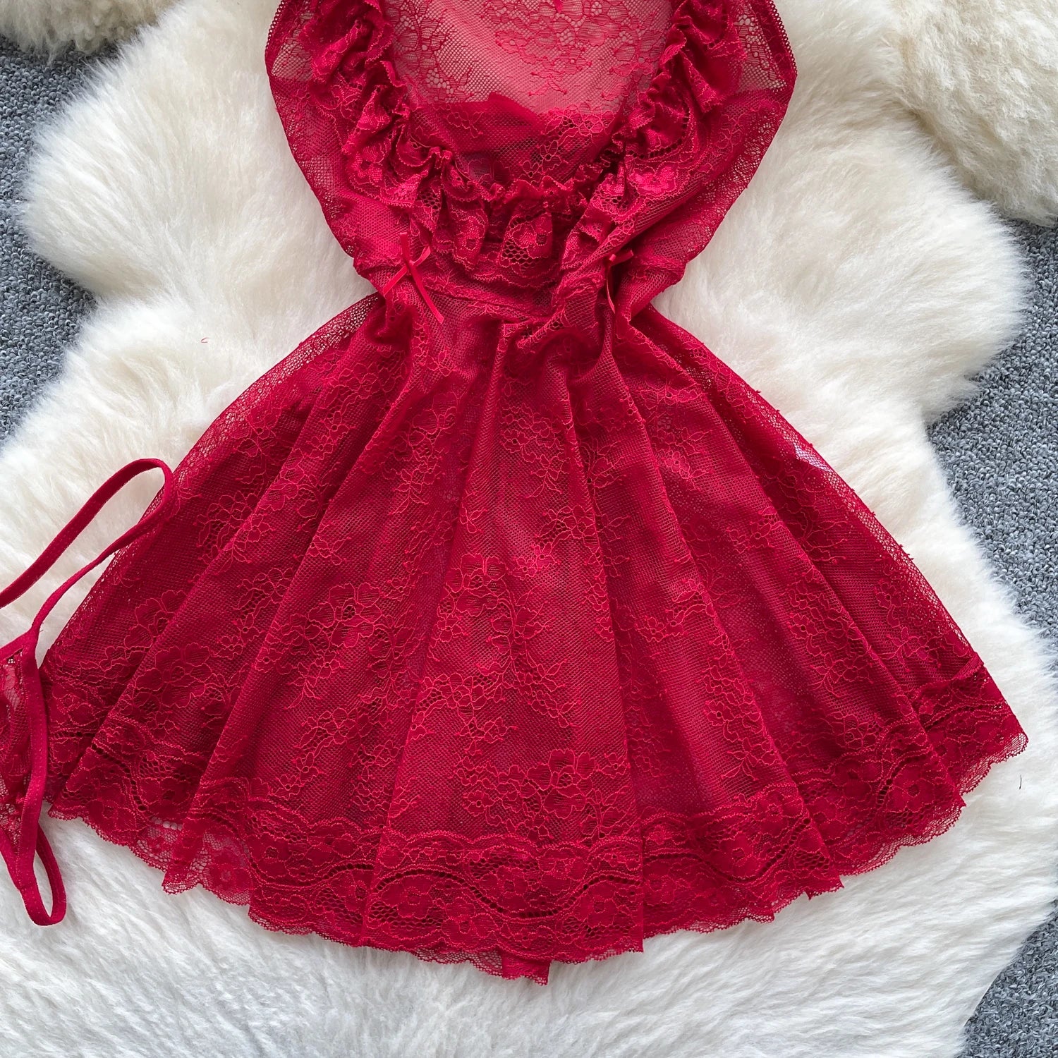 Sexy Lace Nightwear Dress – Ruffle Straps & Bow Back Design
