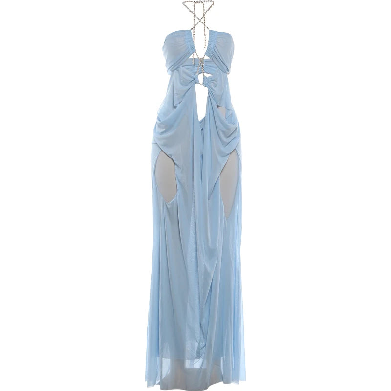 Light blue evening gown with cut-out design on a white background