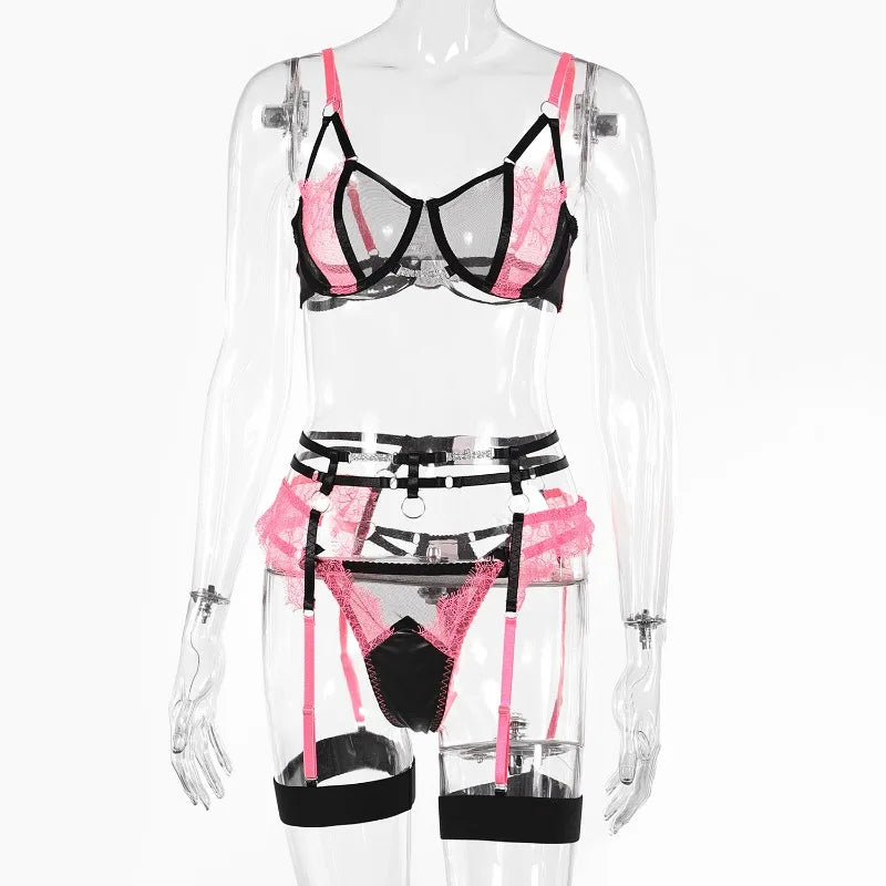 Lace & Mesh Sexy Lingerie Set with Garters