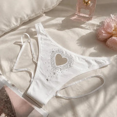 White Rhinestone Heart Cutout Low-Rise Brief