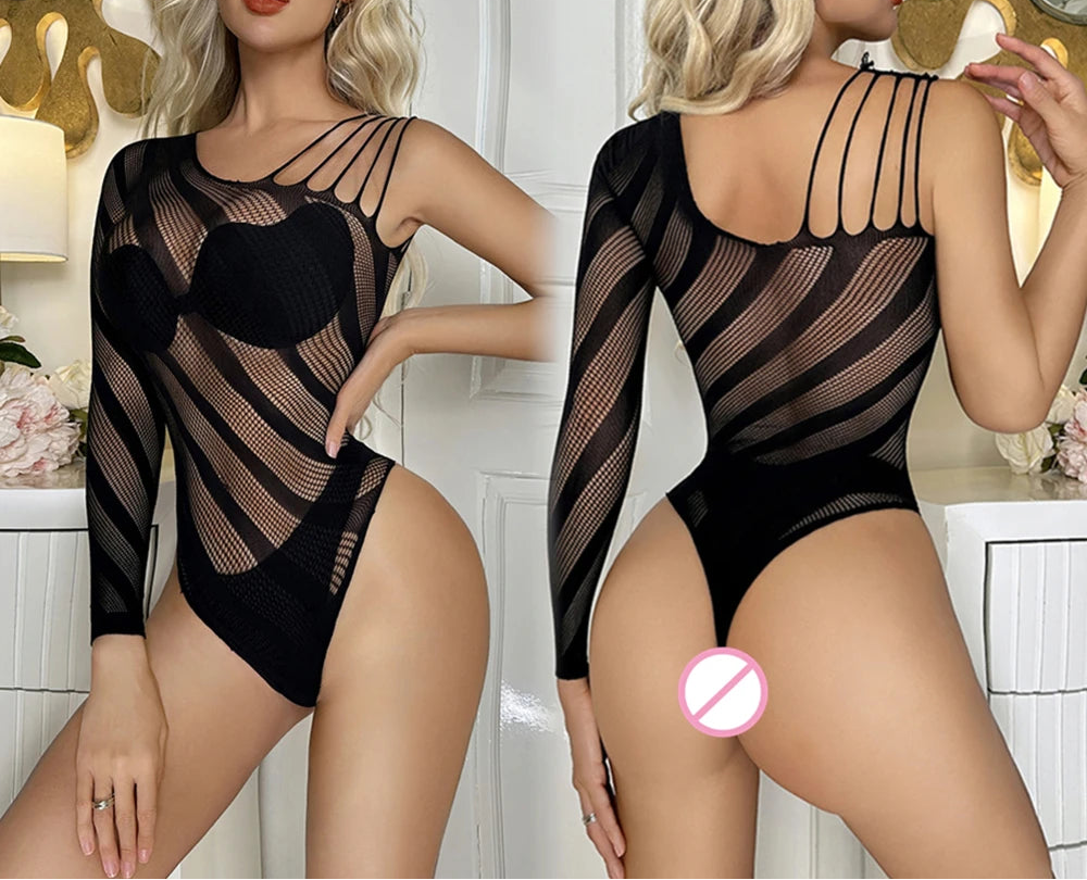 Woman wearing a black sheer bodysuit with a white background
