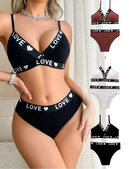 1 to 3-Piece Set Cotton Women's Underwear Set Rib Letter Print Removable Inner Wireless Push up Bra Soft Sexy Women's Underwear