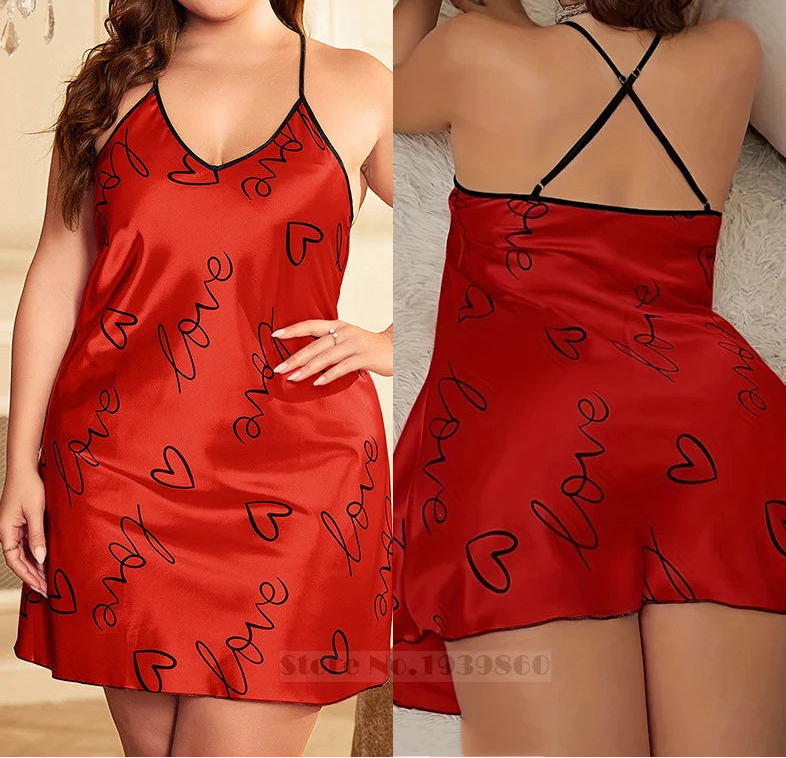Red satin nightgown with black 'love' and heart patterns worn by a model.