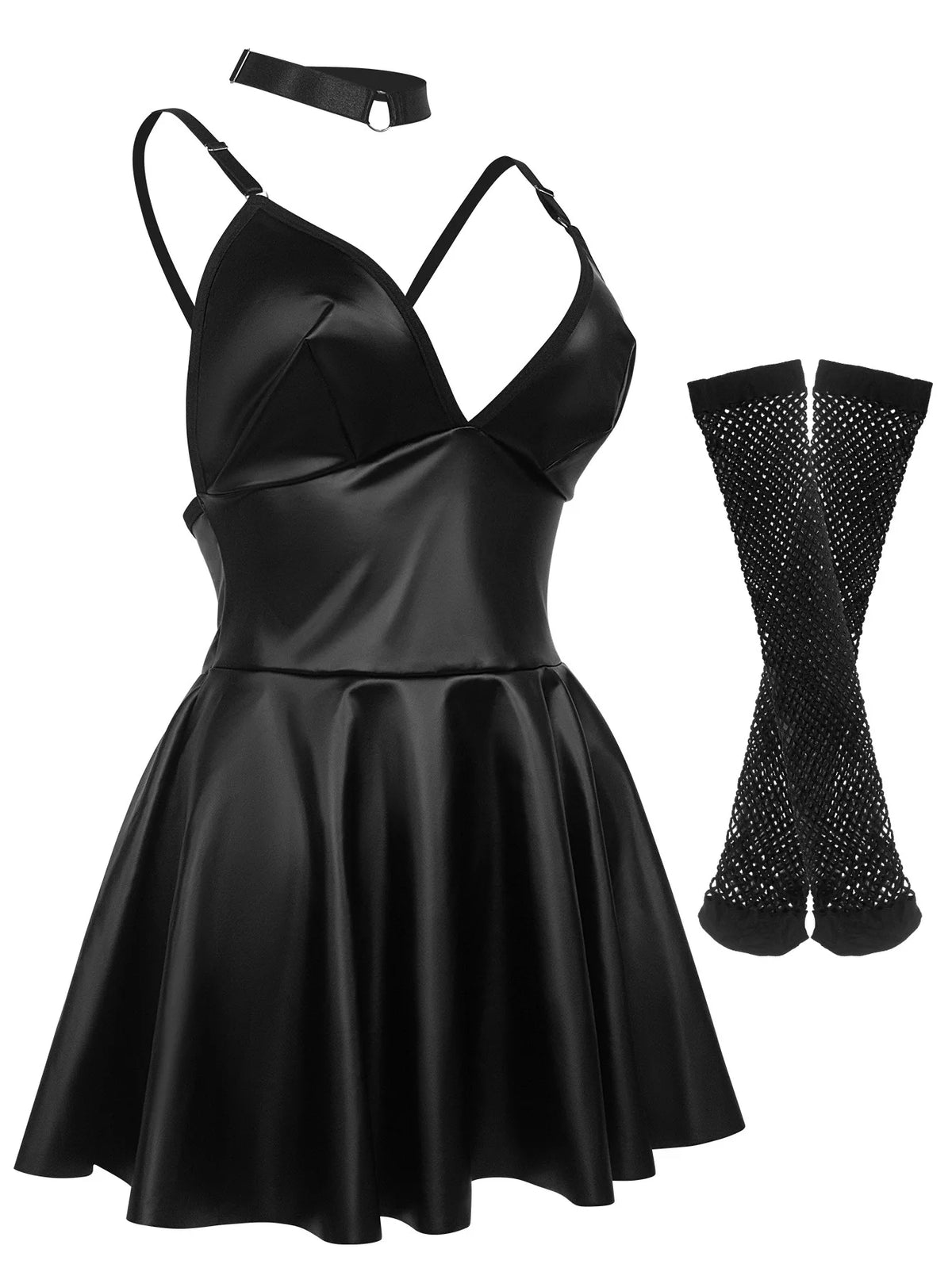Black satin dress with matching stockings on a white background