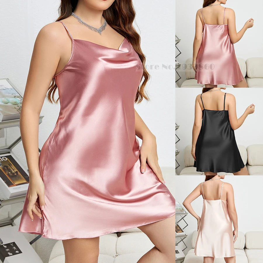 Pink satin slip dress shown from front and back on a model, with additional views of black and white slip dresses.