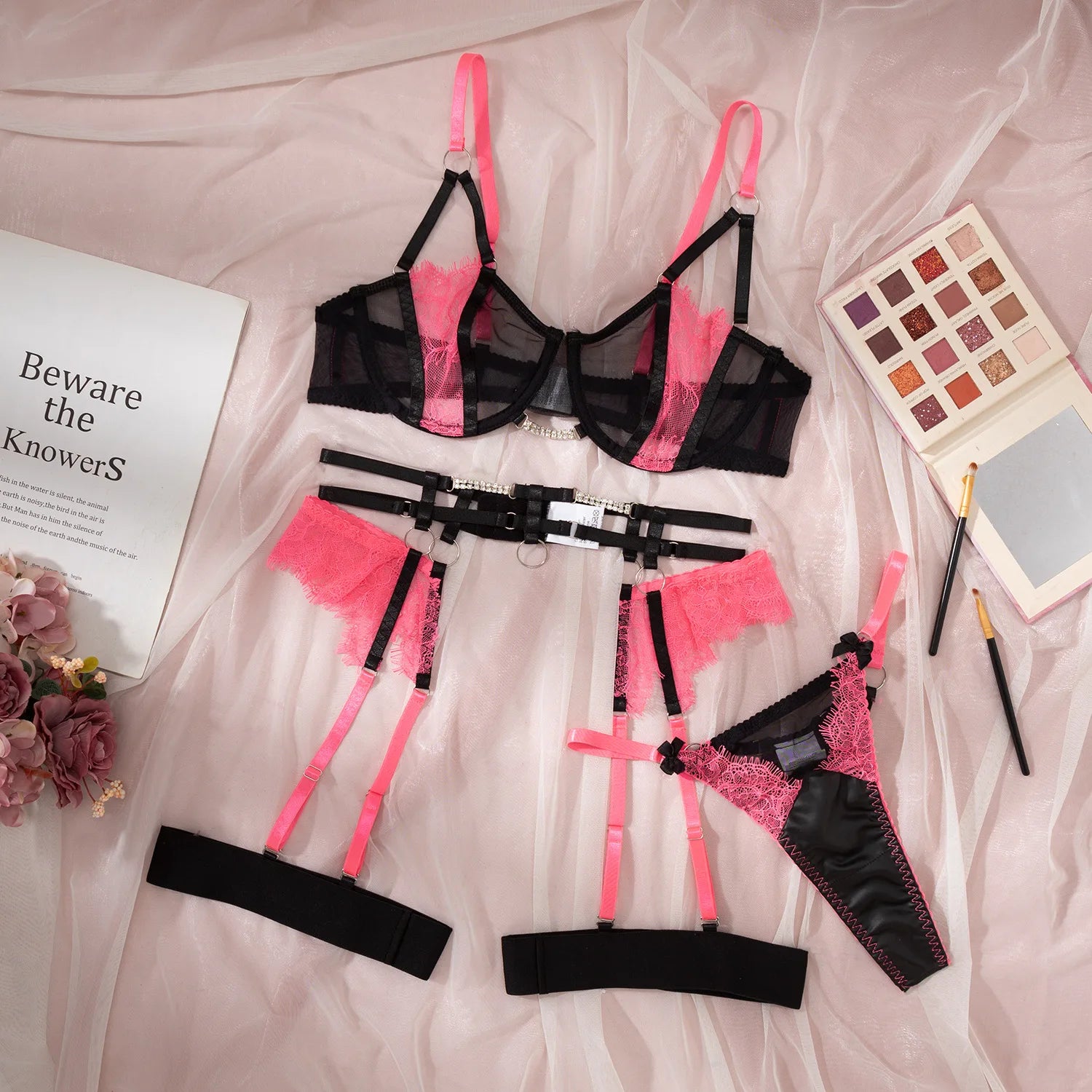 Lace & Mesh Sexy Lingerie Set with Garters