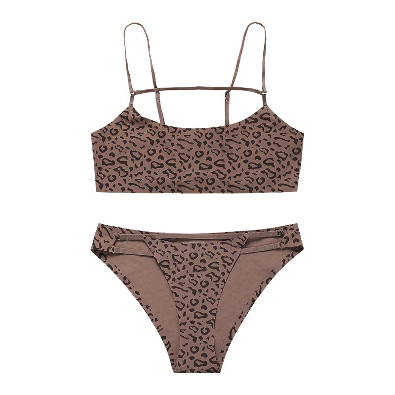 Brown leopard print bikini set on a white background