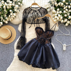 Chic Lace Strapless A-Line Dress – Full Sleeves & Puffy Skirt