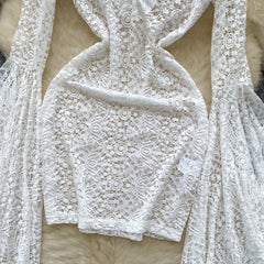 Lace Hollow Out Bodycon Dress – Flare Sleeve & Sheer V-Neck