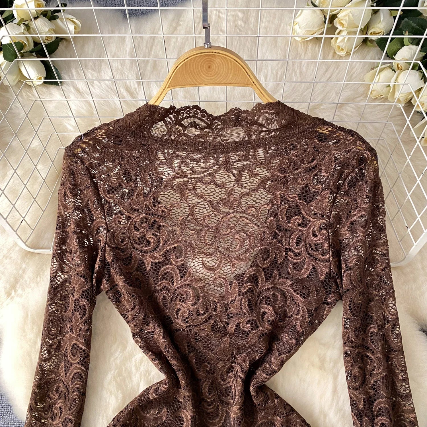 Sexy Sheer Lace Ruffle Dress – V-Neck & Long Sleeve Midi