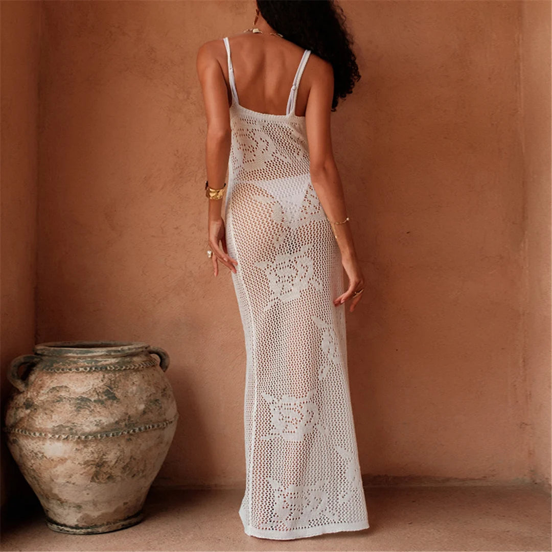 Crochet Hollow Out Beach Cover-Up Dress – Sleeveless Knit Tunic