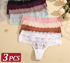 Set of three lace-trimmed panties in various colors with 'Cute Byte' branding.