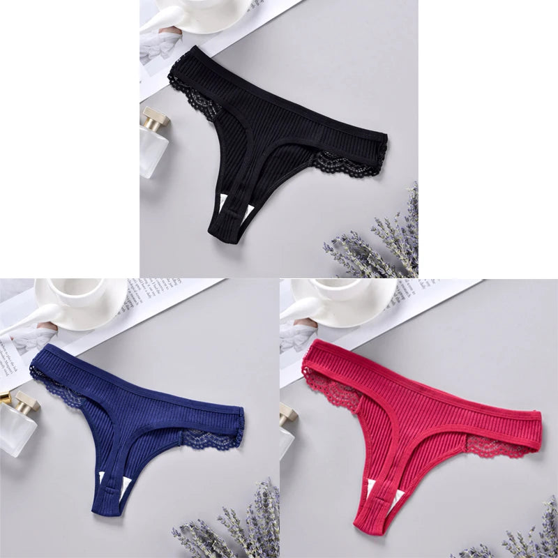 Three-piece ribbed thong combination in black, navy and red