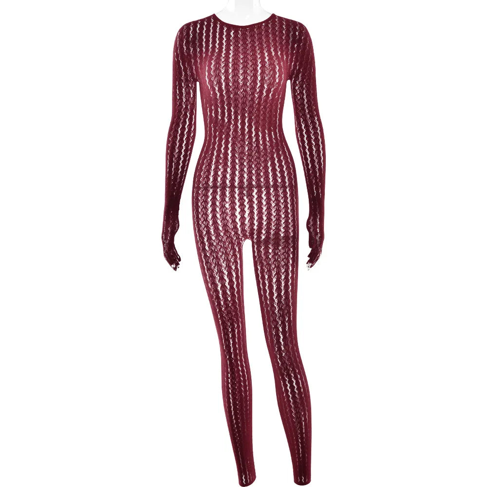Red fishnet bodysuit on a white background