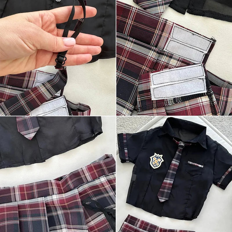 Collage of a plaid tie being worn, folded, and attached to a black shirt with a logo.