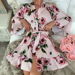 Women's Satin Robe & Nightgown Set - Pink Rose Print
