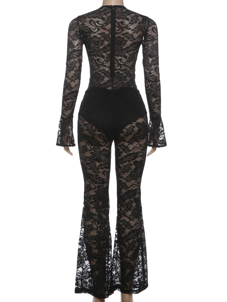 Black lace jumpsuit on a white background