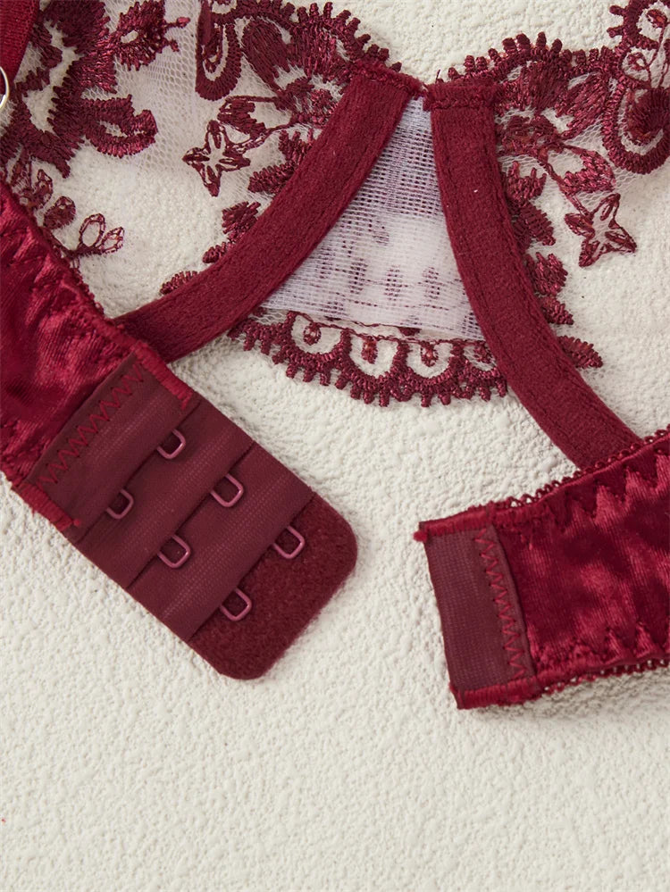 Red lace lingerie set on a textured beige background