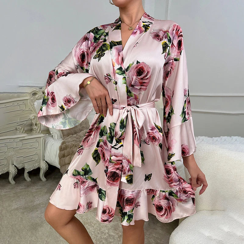 Women's Satin Robe & Nightgown Set - Pink Rose Print