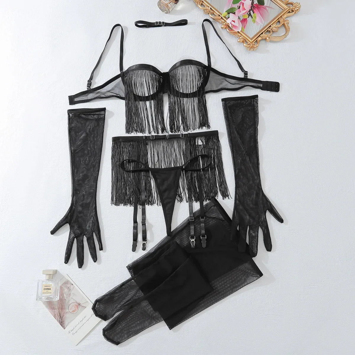8-Piece Transparent Tassel Lingerie Set