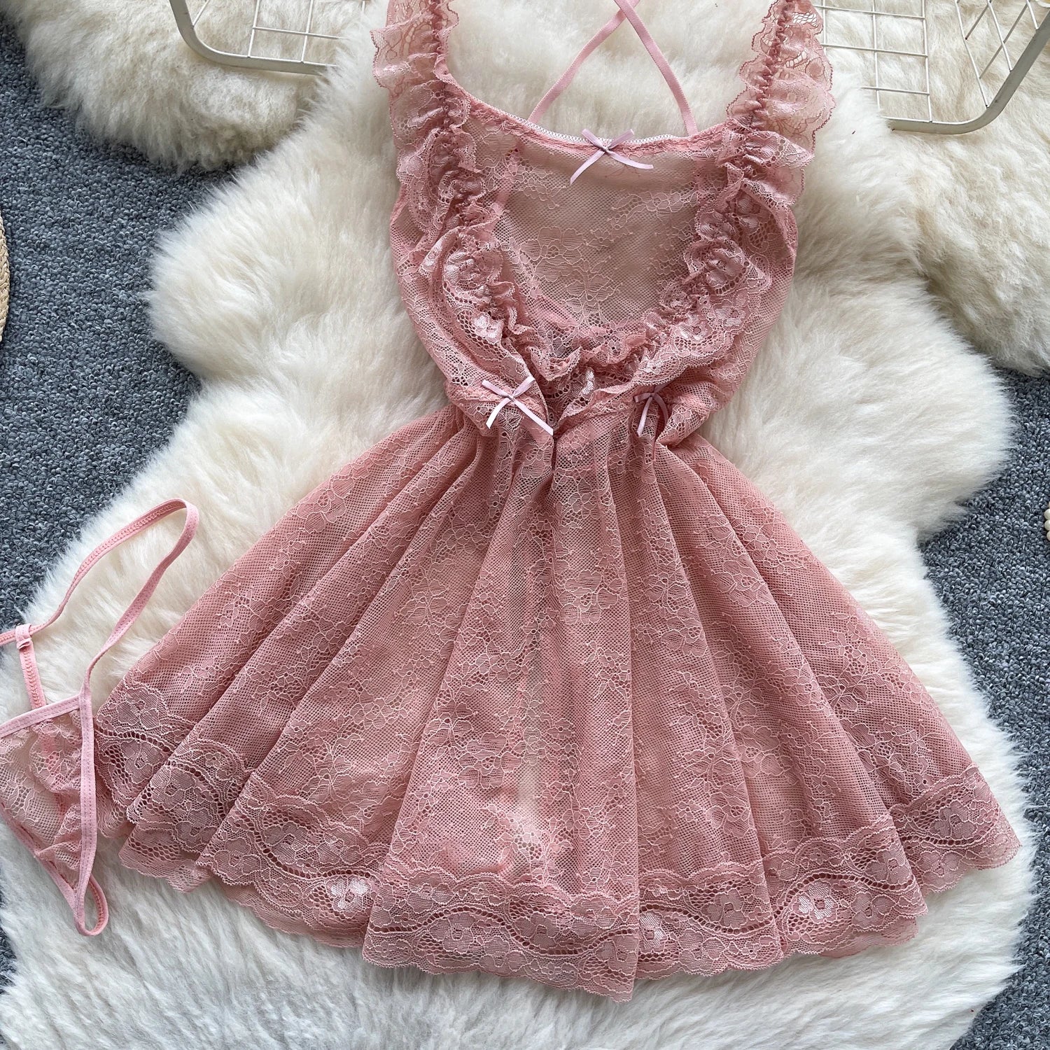 Sexy Lace Nightwear Dress – Ruffle Straps & Bow Back Design