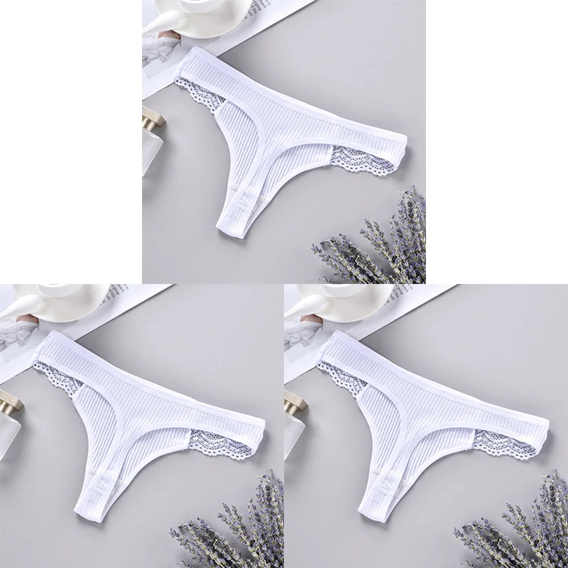 Three white ribbed lace-trim thongs displayed in a collage