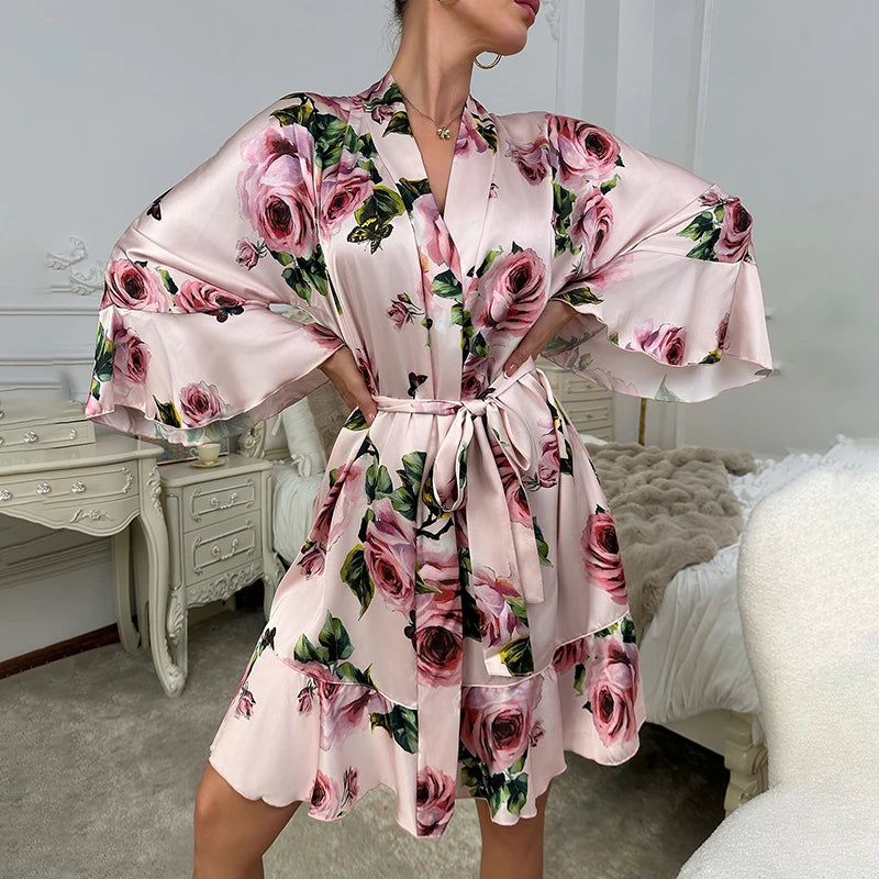 Women's Satin Robe & Nightgown Set - Pink Rose Print