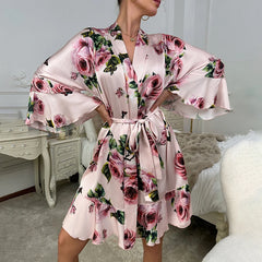 Women's Satin Robe & Nightgown Set - Pink Rose Print