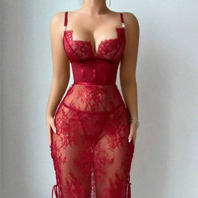 Red lace dress on a plain background