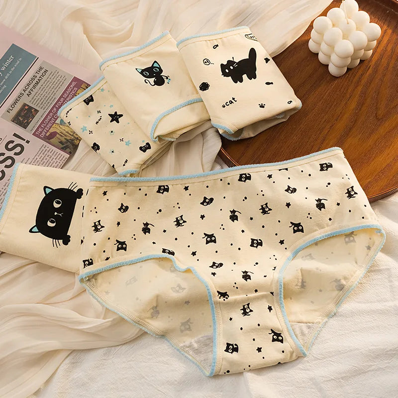 Women Cartoon Cat Print Cotton Briefs 5pcs