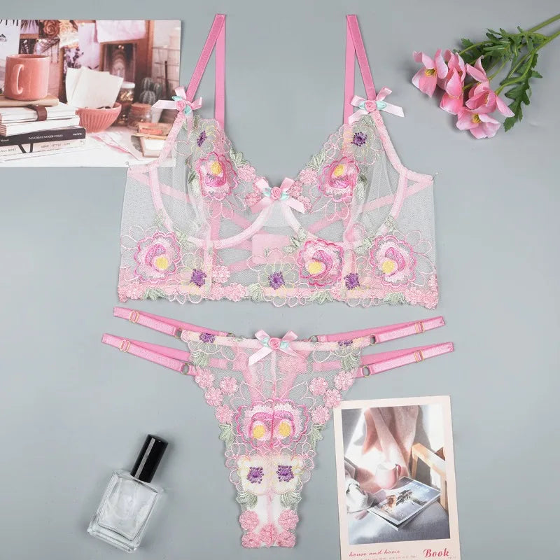 Sexy Floral Embroidery Lingerie Set – Sheer Mesh & Lace