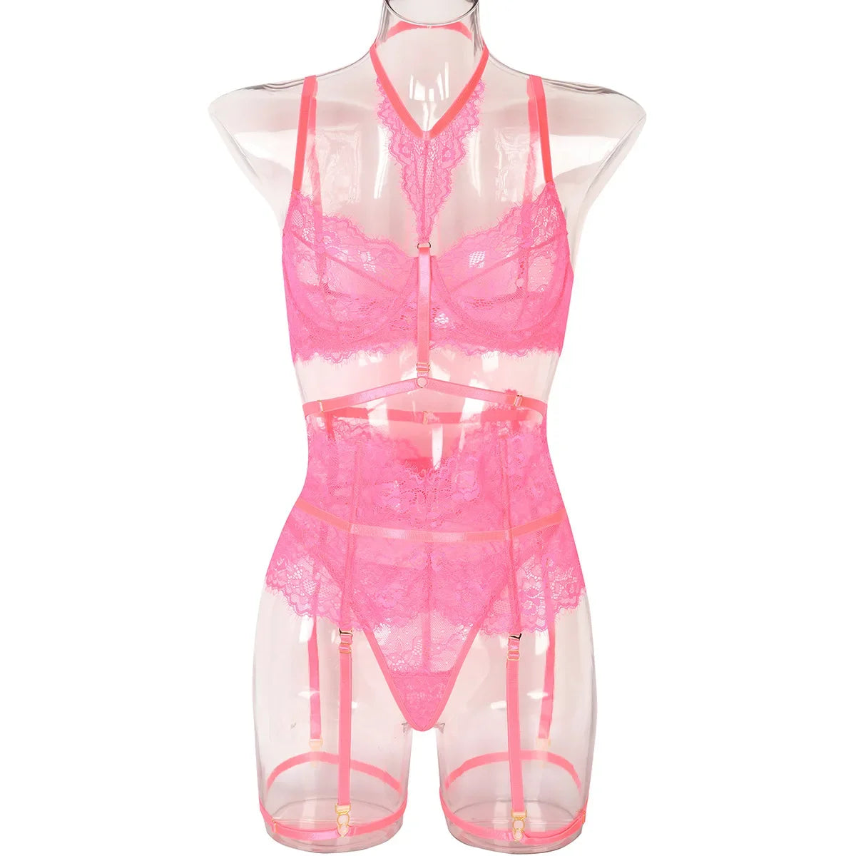 Pink lace lingerie set on a mannequin against a white background
