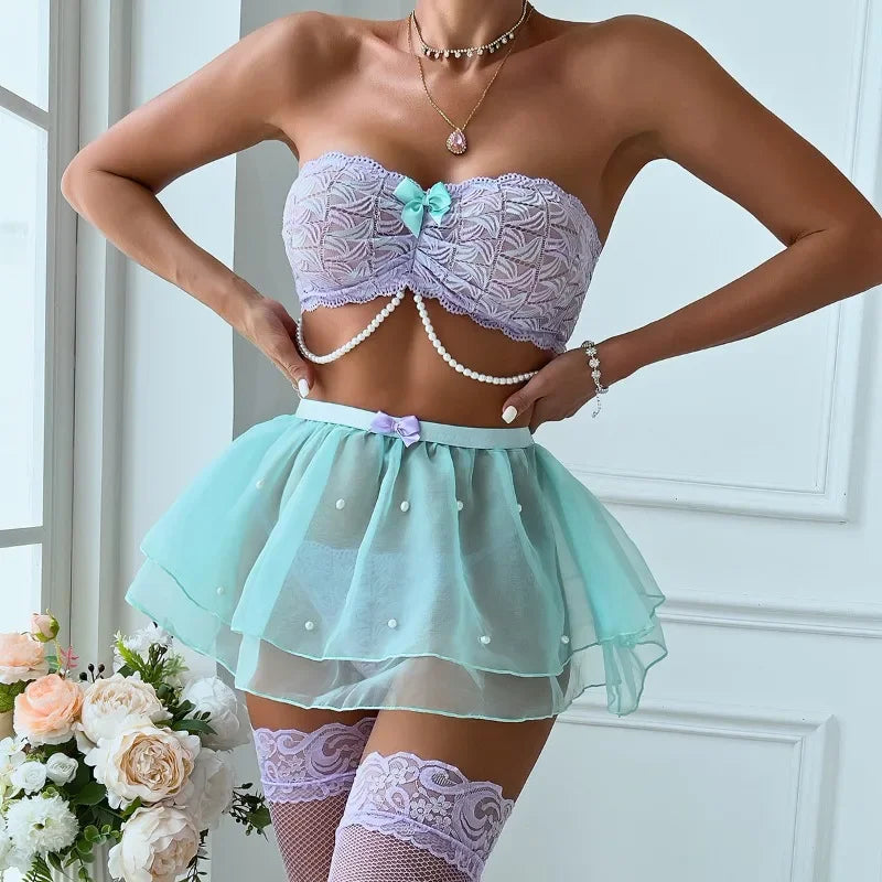 Sexy 4-Piece Beaded Lingerie Set – Colorful Mesh & Tutu Skirt