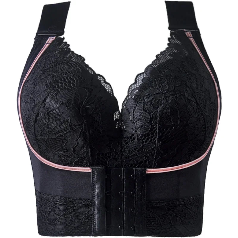 Black lace bra with pink accents on a white background