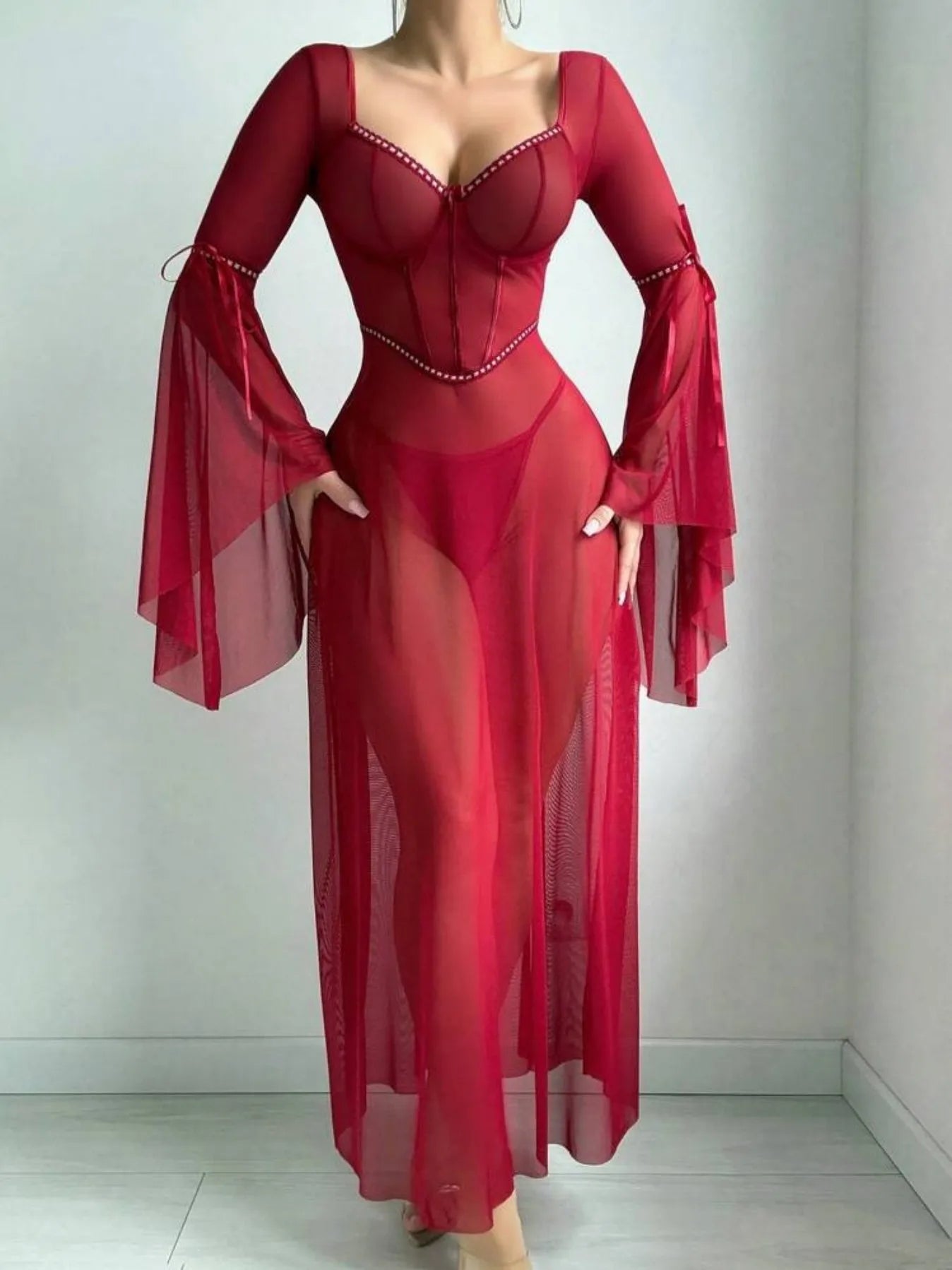 Sheer Corset Lingerie Dress – Flare Sleeve Fantasy Nightwear
