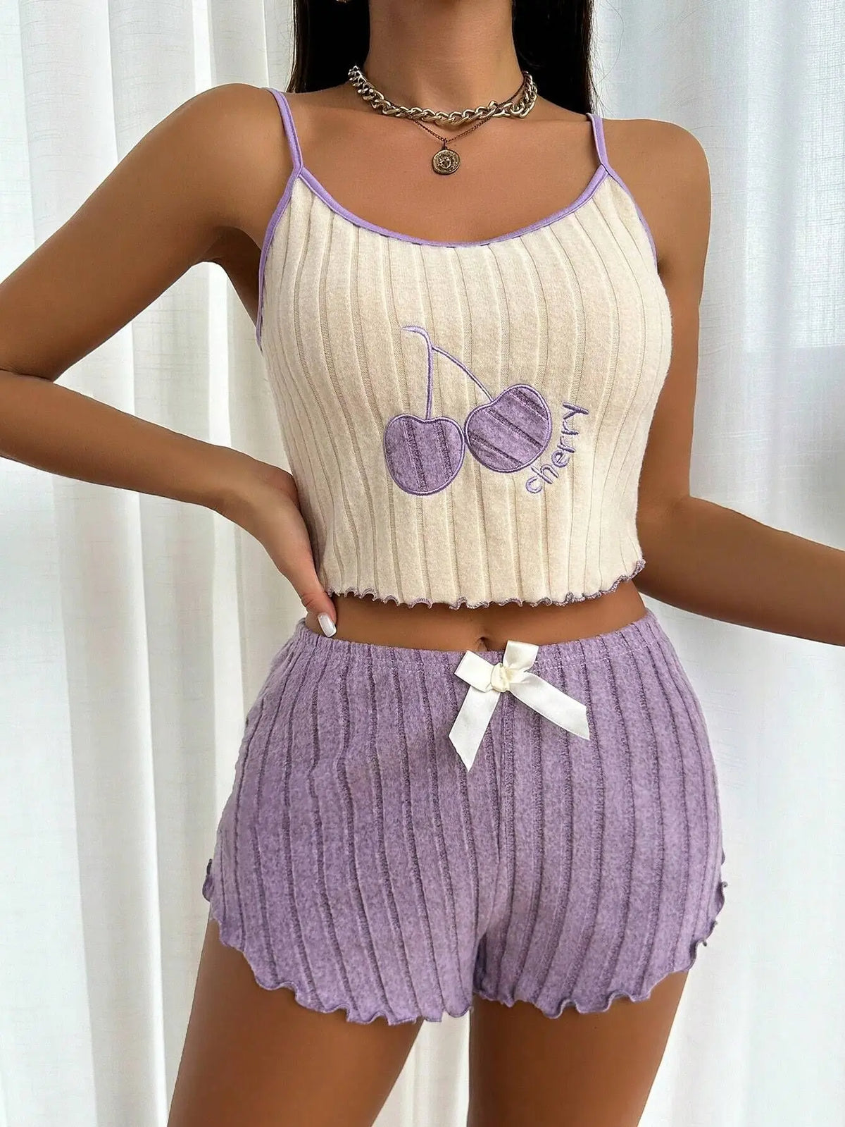 Women Cherry Embroidered Ribbed Cami Pajama Set