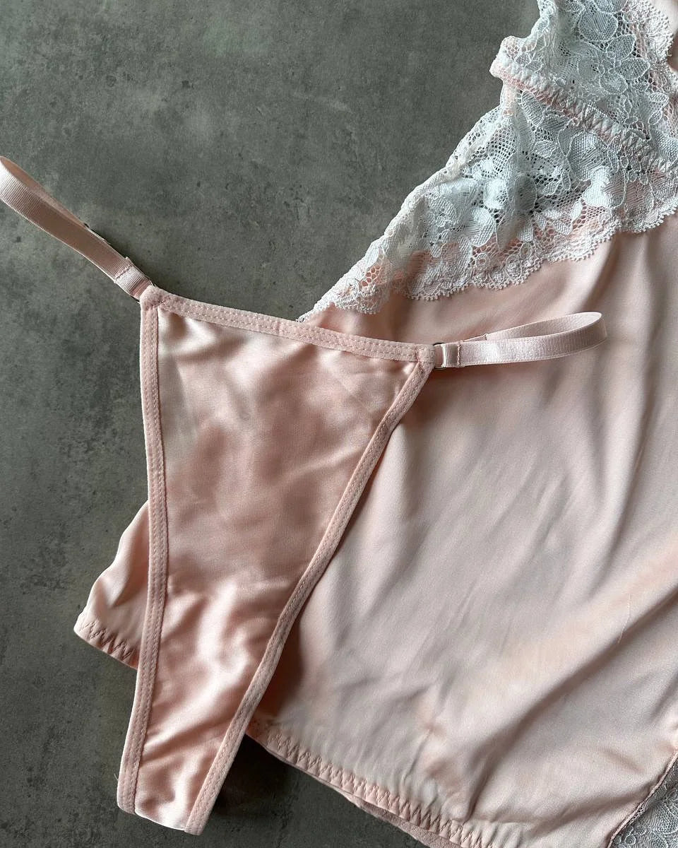 Deep-V Satin Slip Dress – Lace Patchwork & High Split Nightwear