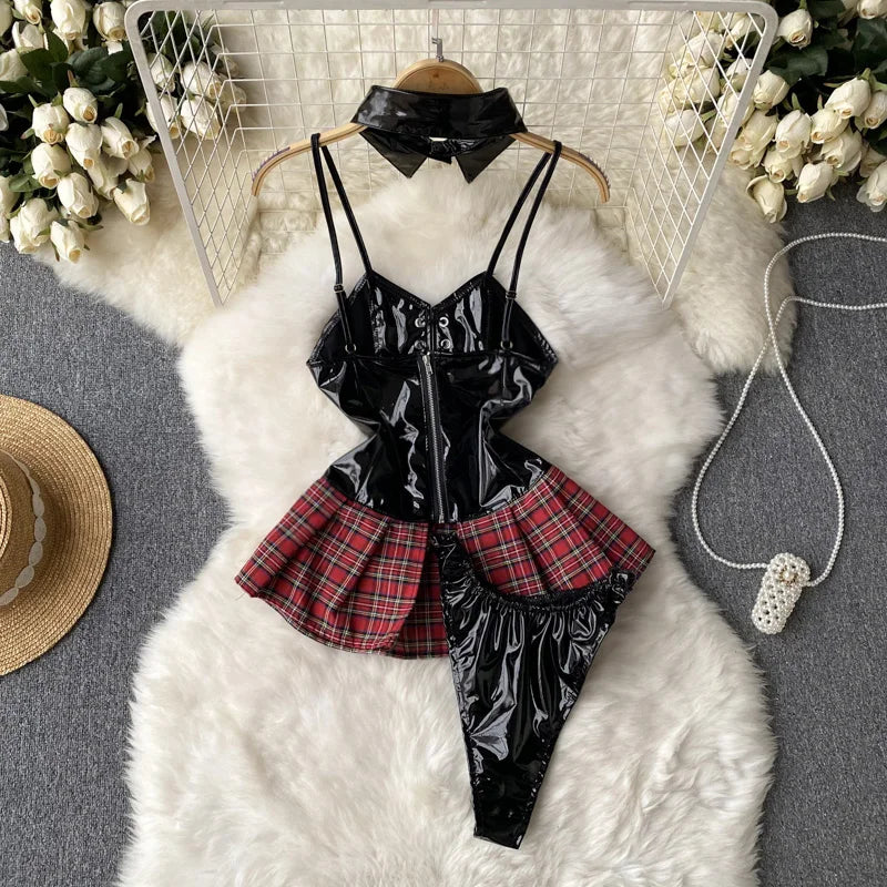 Lace-Up Backless PU Leather Night Dress + Thong