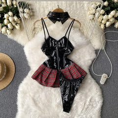 Lace-Up Backless PU Leather Night Dress + Thong