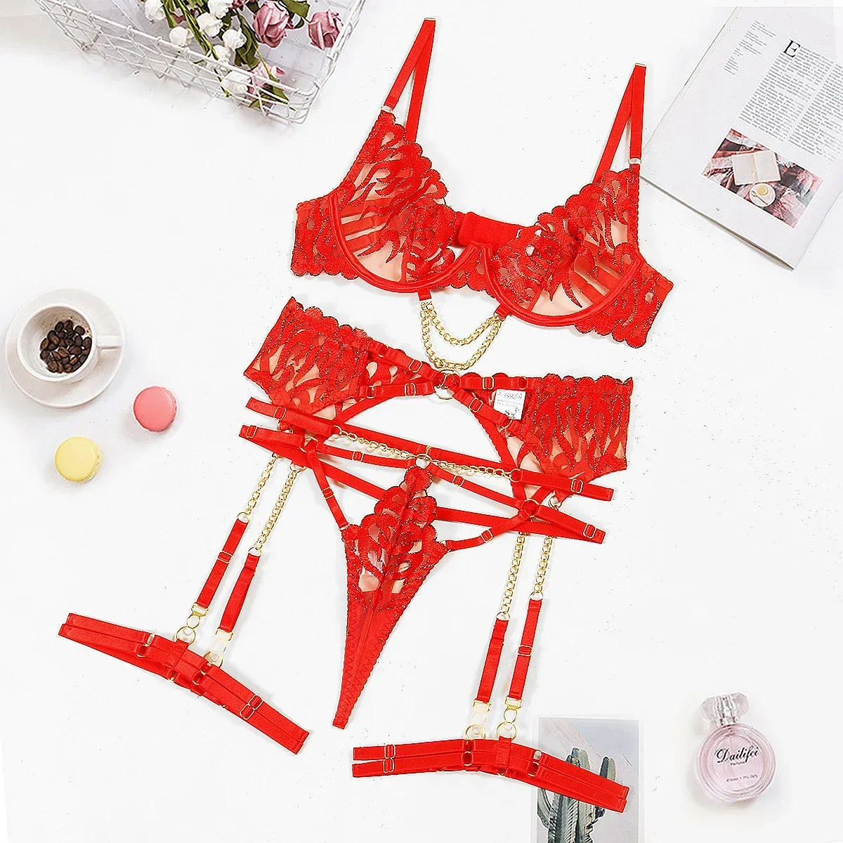 4-Piece Sexy Lingerie Set with Metal Chain & Bra Corset