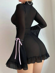 Sexy Ruffle Lace Dress – Deep V-Neck, Flare Sleeves, Sheer Elegance