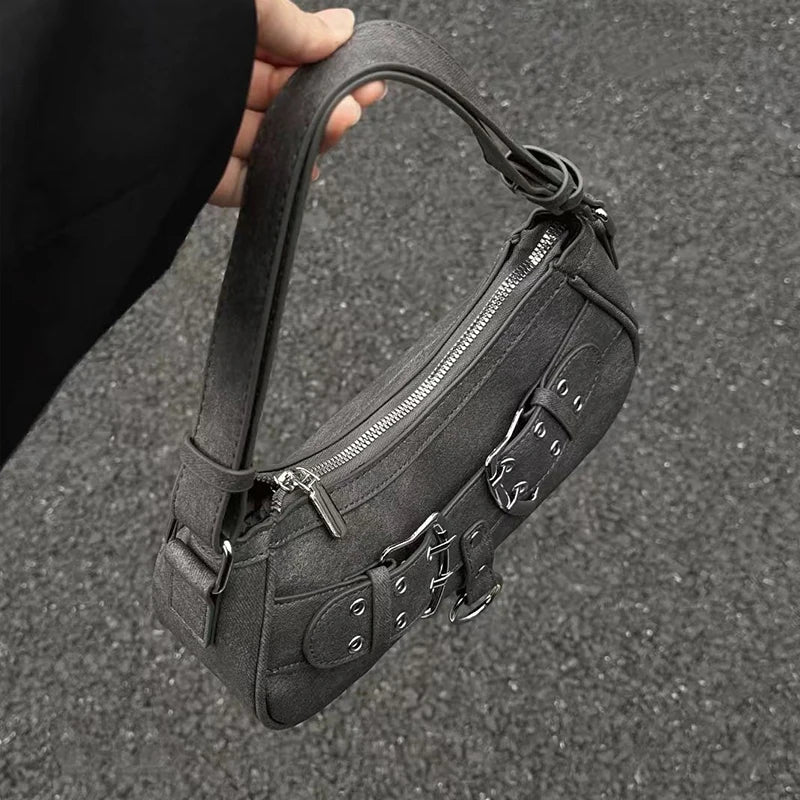 Cool Grey Vintage Shoulder Bag – Grunge-Inspired Designer Handbag for Women