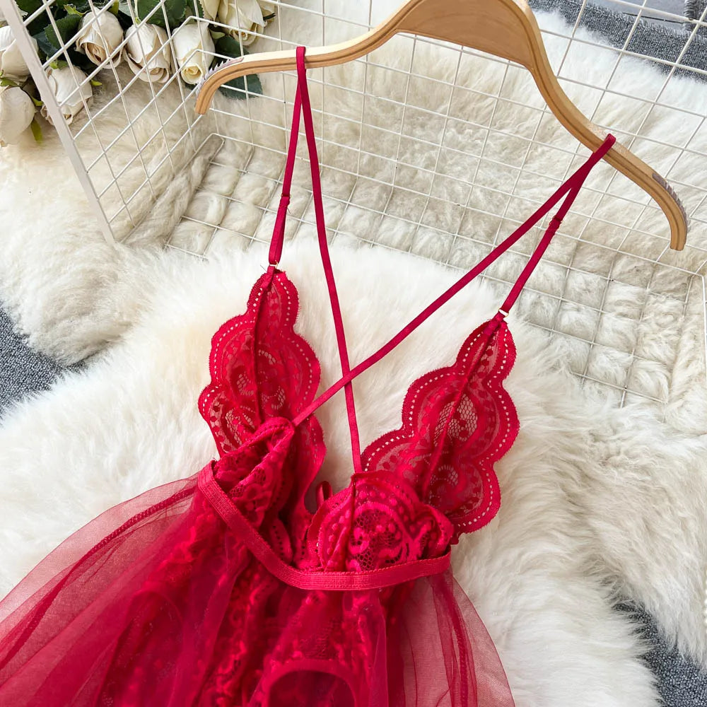 Sheer Lace V-Neck Shapewear Lingerie Dress